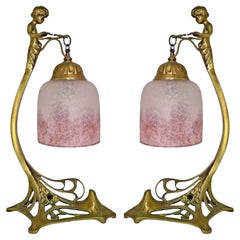 Antique Pair of French Art Deco & Art Nouveau Ornate Bronze & Pink Art Glass Table Lamps