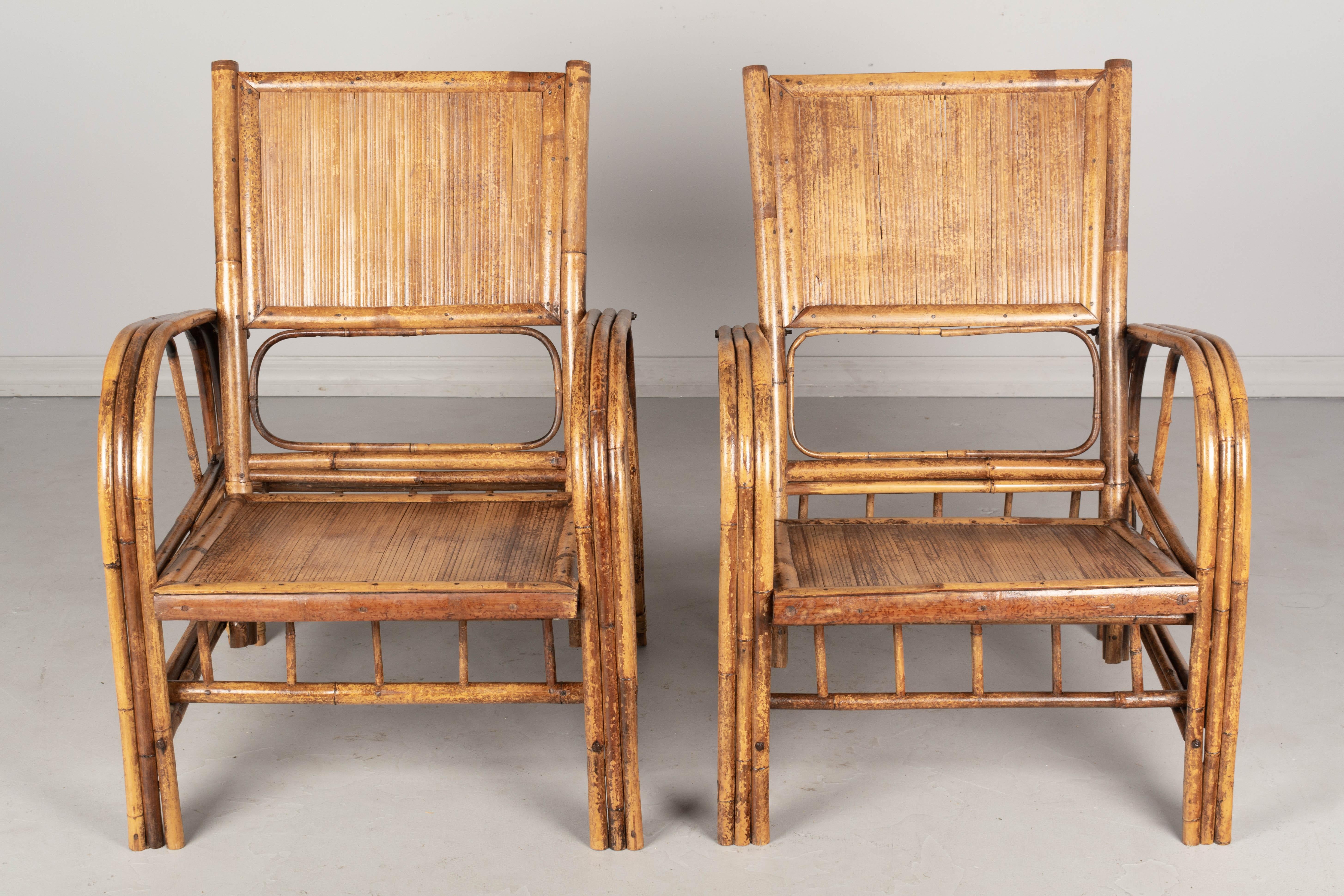 Rattan Pair of French Art Deco Bamboo Lounge Chairs