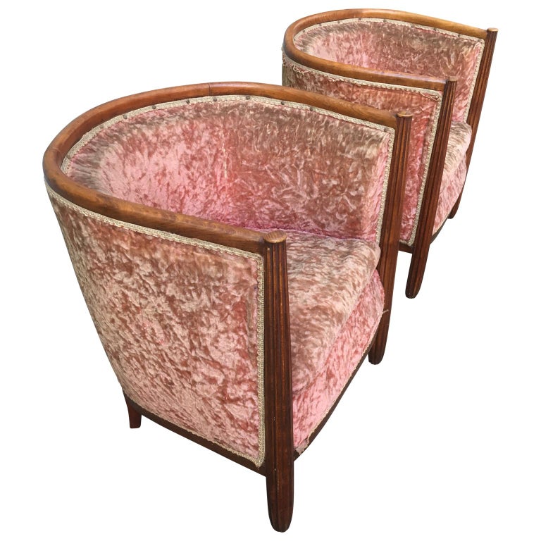 Pair of French Art Deco Barrel Club Chairs in Original Pink Velvet