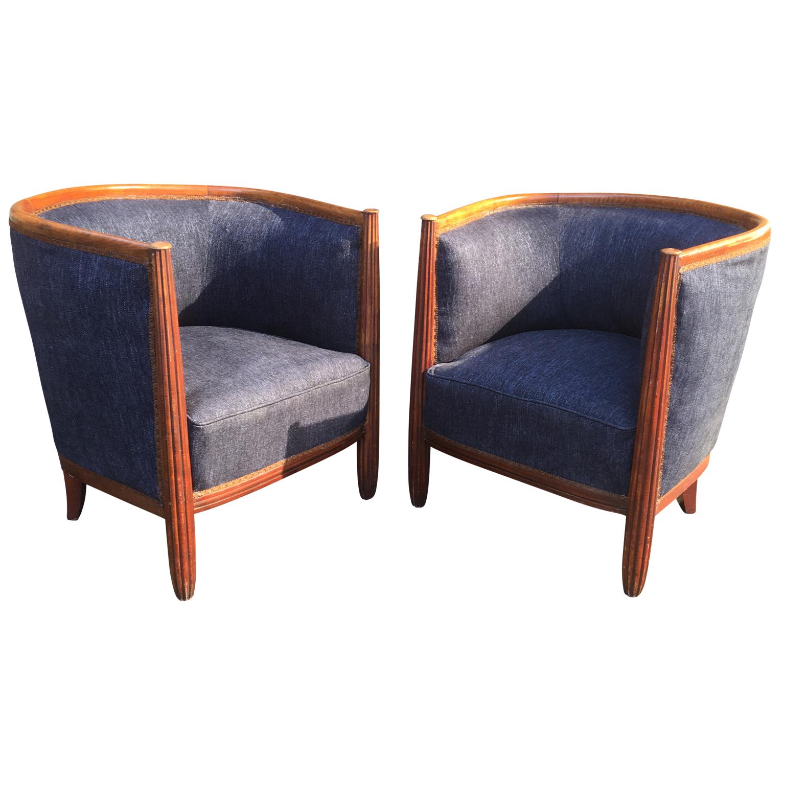20th Century Pair of French Art Deco Barrel Club Chairs.