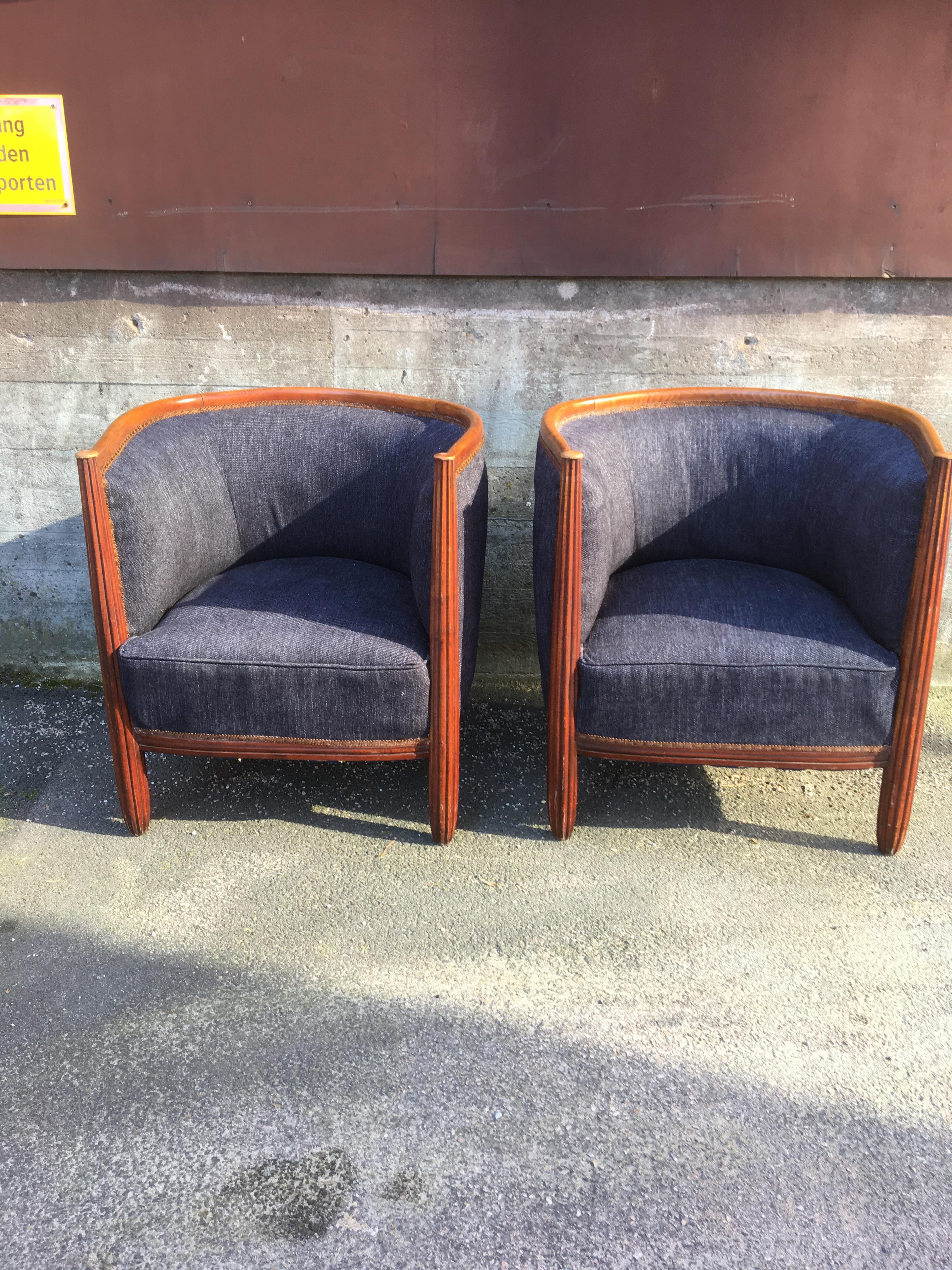Cotton Pair of French Art Deco Barrel Club Chairs.