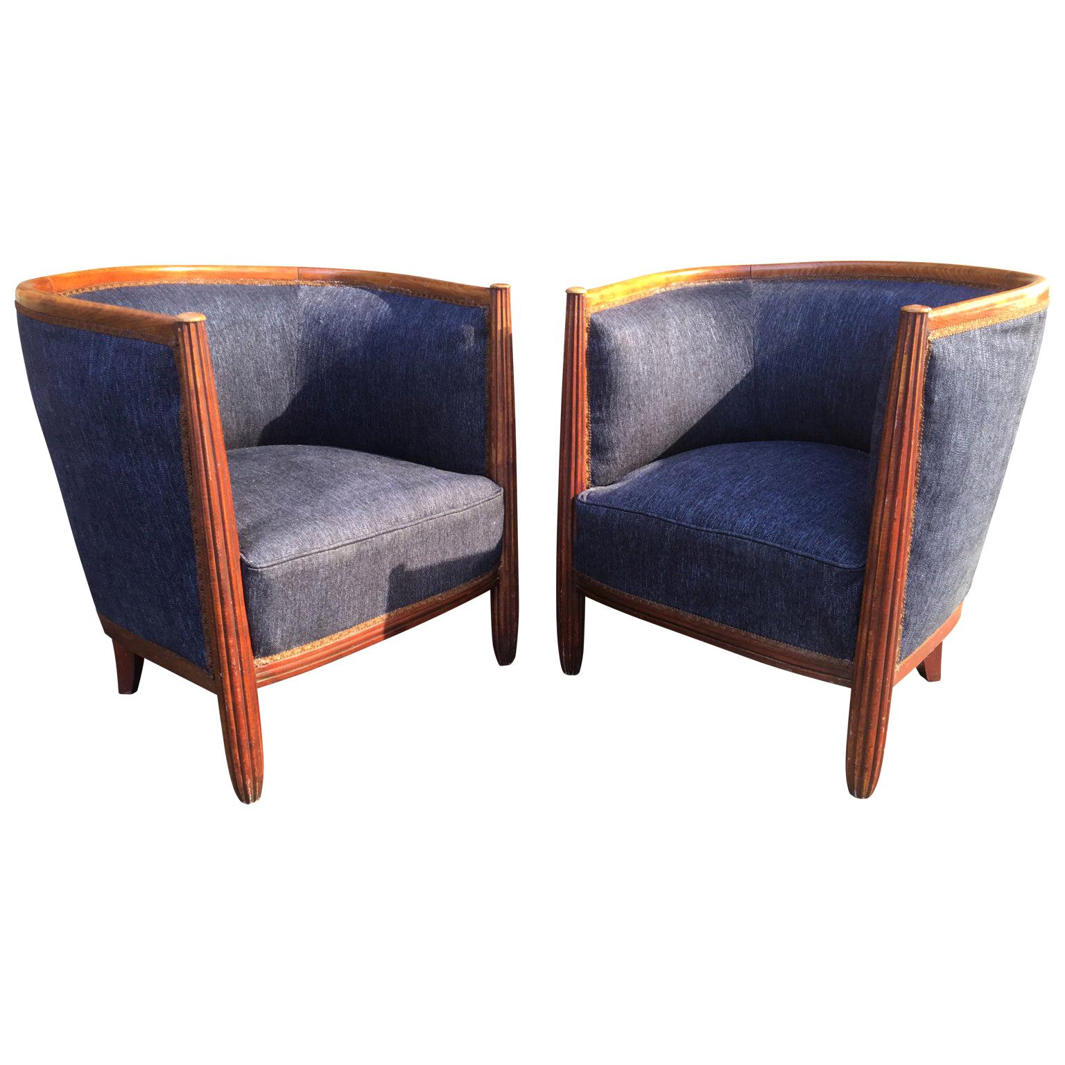 Pair of French Art Deco Barrel Club Chairs.