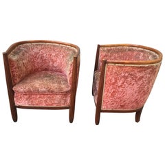 Antique Pair of French Art Deco Barrel Club Chairs in Original Pink Velvet Fabric