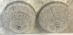 Pair of French Art Deco Beaded Crystal Flush Mounts or Wall Sconces