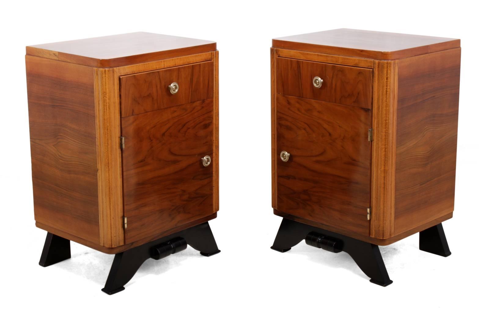 Walnut Pair of French Art Deco Bedside Cabinets 