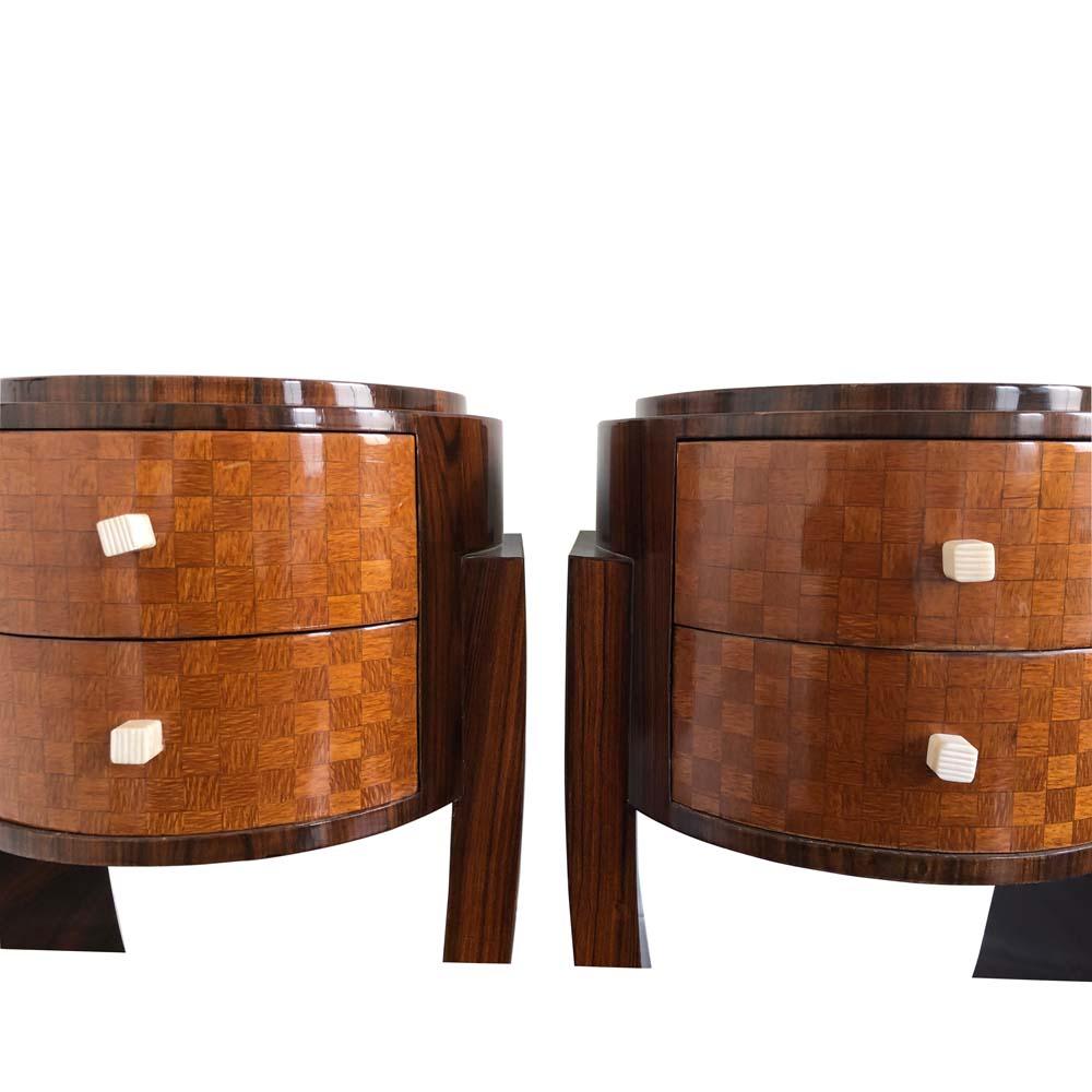 Pair of French Art Deco Bedside Tables Coromandel Wood Laminate Circular Shape 1
