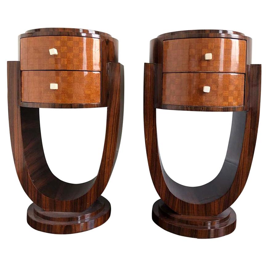 Pair of French Art Deco Bedside Tables Coromandel Wood Laminate Circular Shape
