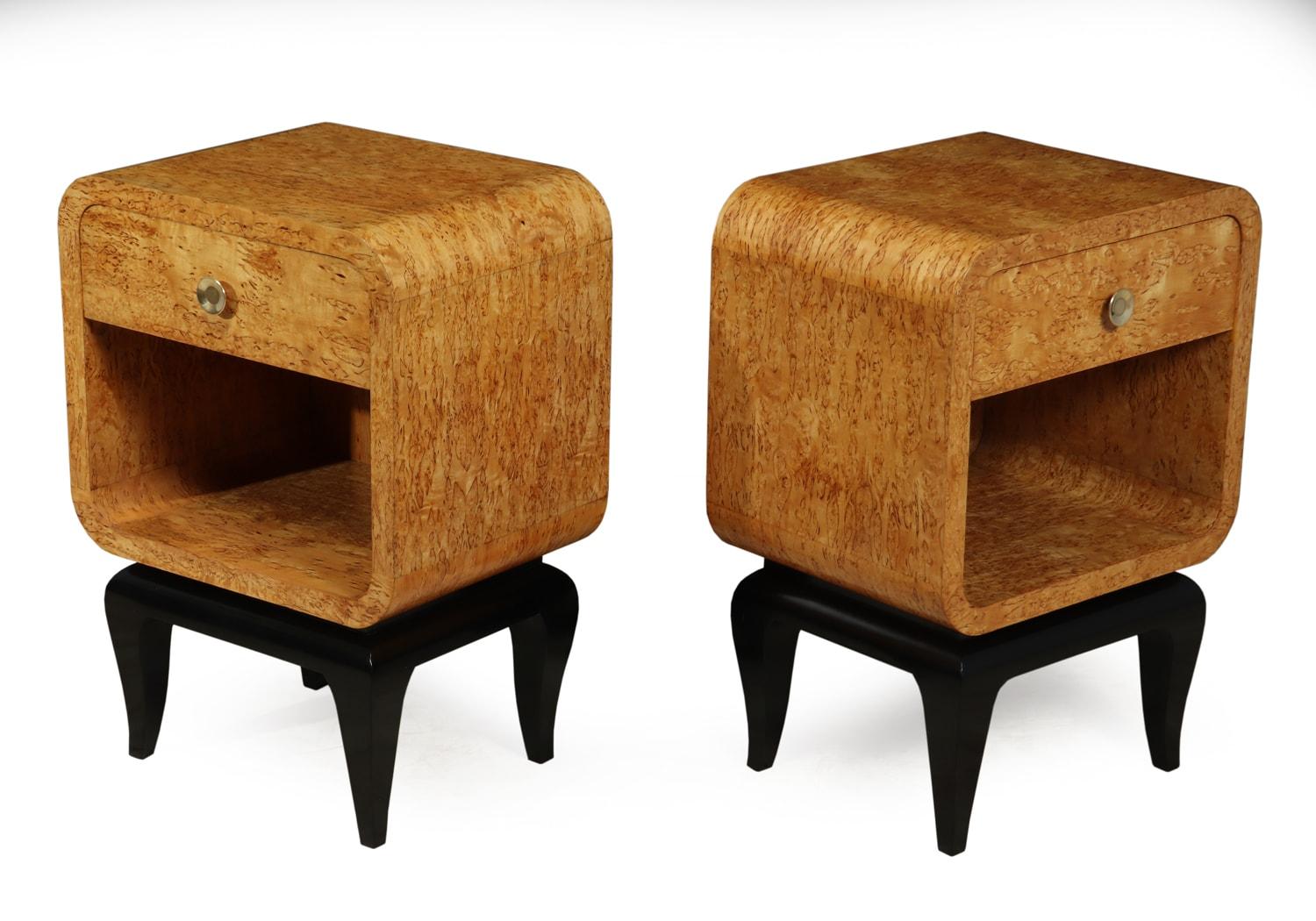 Pair of French Art Deco bedside tables
A pair of Art deco bedsides produced in France in the 1930s from Karelian birch and stand on ebonised legs, with a single drawer and brass handles the bedside tables have been fully polished and are in