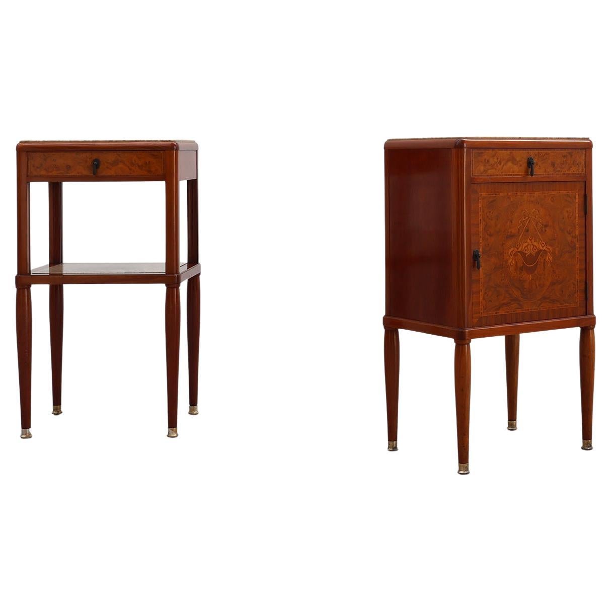 Pair of French Art Deco bedside tables with marquetry and marble tops, 1940s