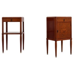 Pair of French Art Deco bedside tables with marquetry and marble tops, 1940s