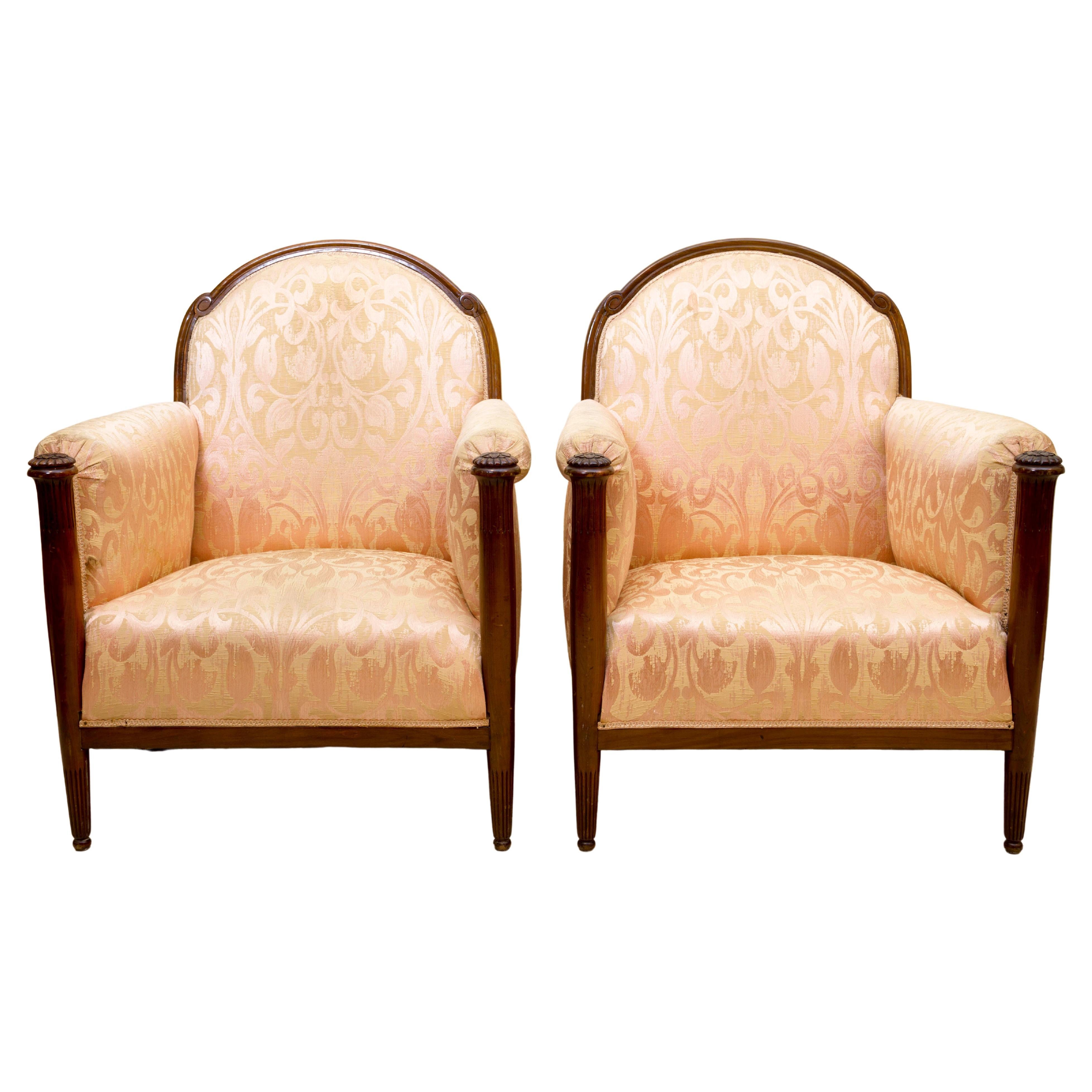 Pair of French Art Déco Bergères by Paul Follot 1925, Sculpted Mahogany