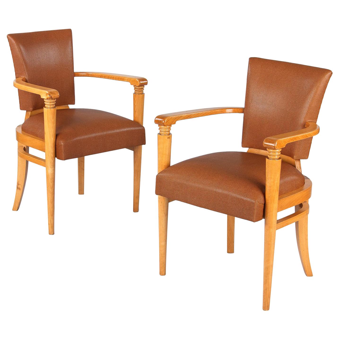 Pair of French Art Deco Birchwood Bridge Armchairs, 1930s