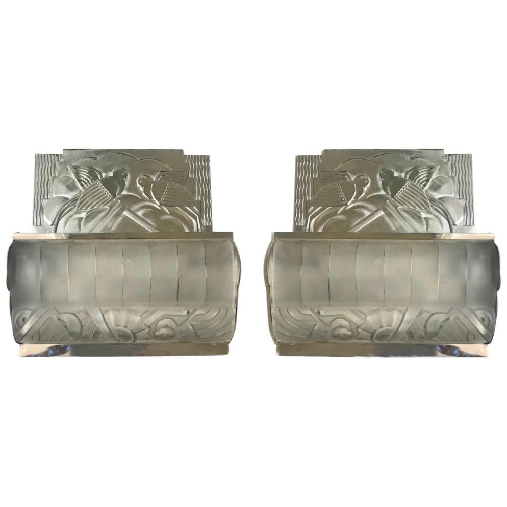 Pair of French Art Deco Sconces with Geometric Motif by Sabino For Sale