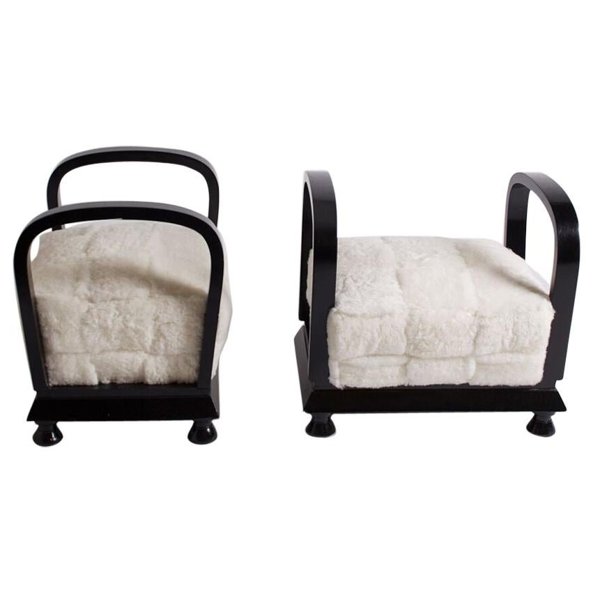 Pair of French Art Deco Black Lacquer and White Sheepskin Benches, circa 1930s