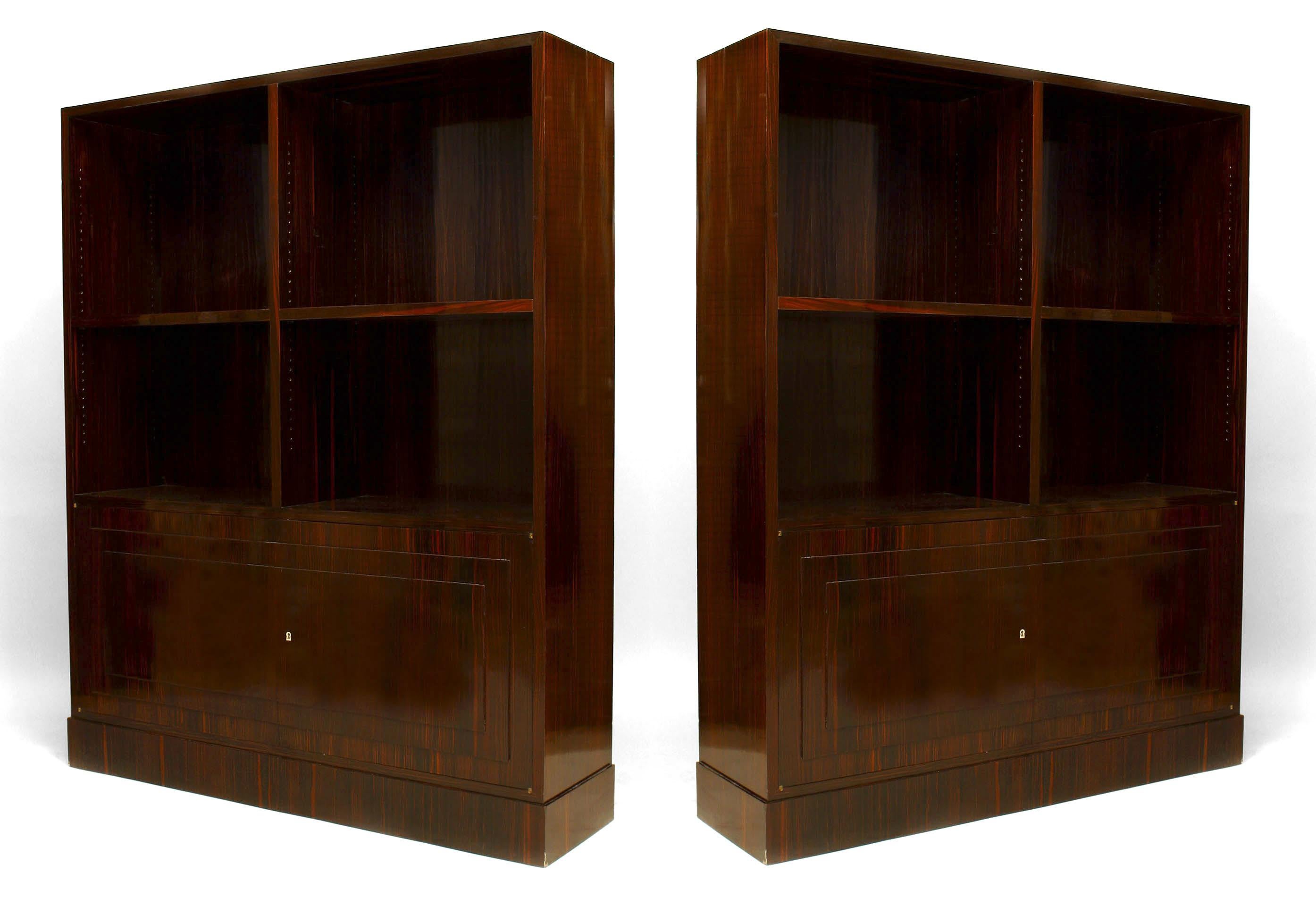 Pair of French Art Deco calamander wood bookcase cabinets with two open book shelves.
 