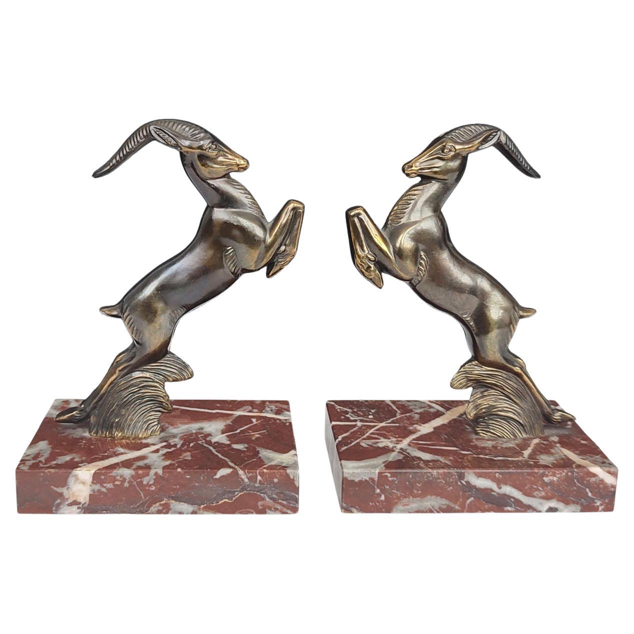 Pair of French Art Deco Bookends, Jumping Antelopes