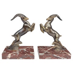 Pair of French Art Deco Bookends, Jumping Antelopes