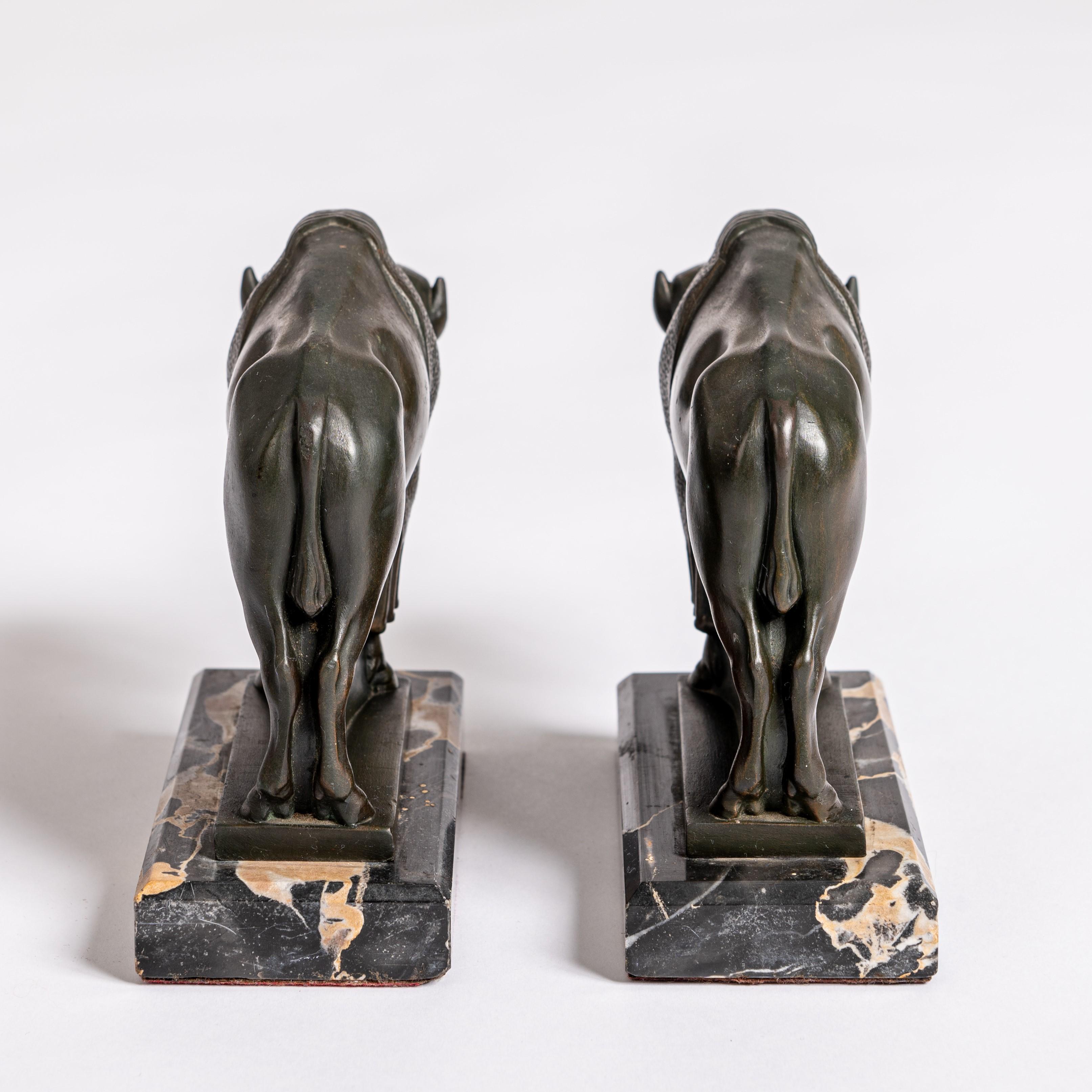 Cast Pair of French Art Deco Bookends Signed Max Le Verrier Green Bronze on Marble