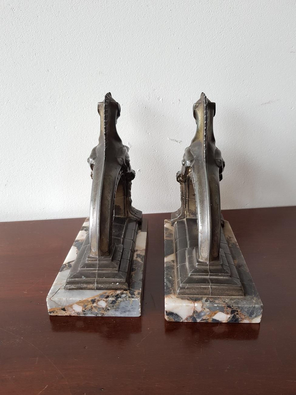 Marble Pair of French Art Deco Bookends with Mythical Animals
