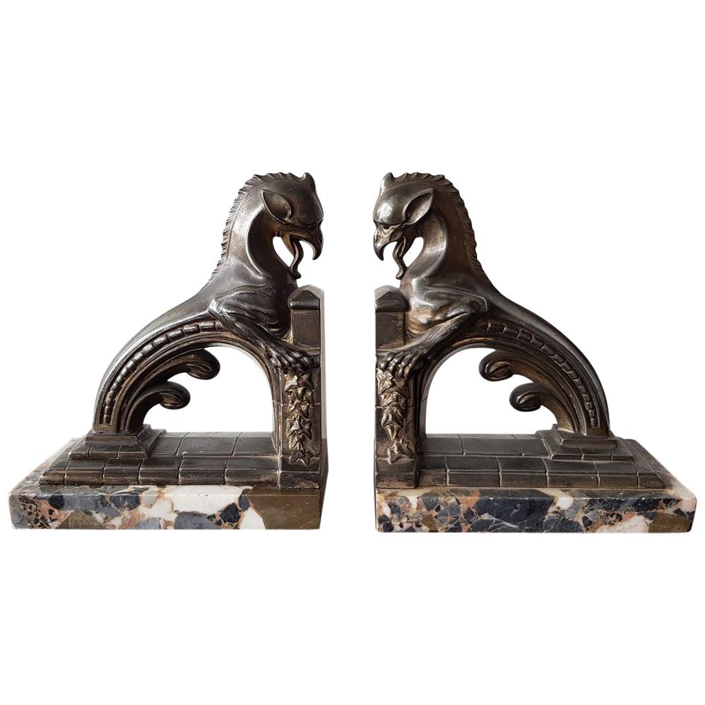 Pair of French Art Deco Bookends with Mythical Animals