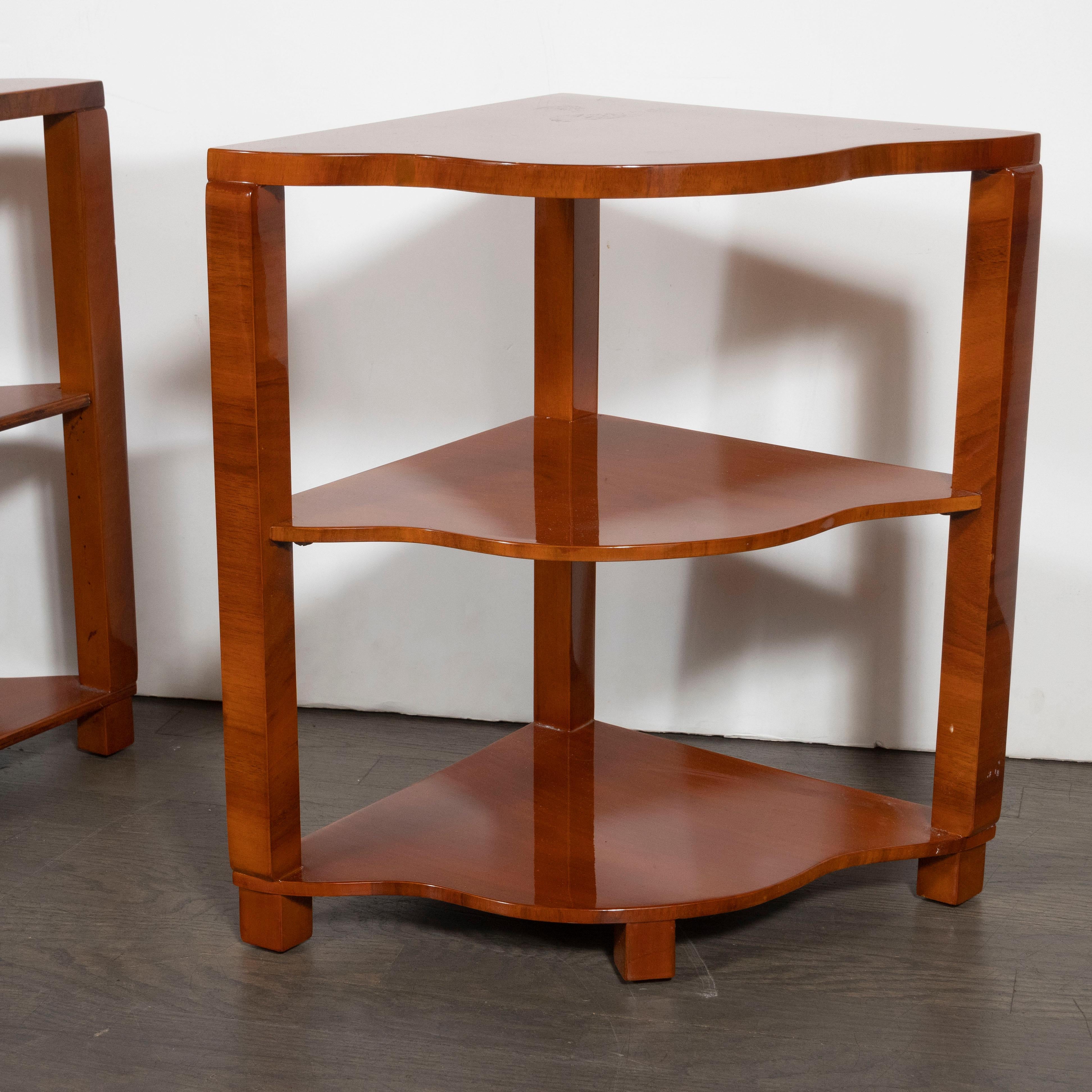 Pair of French Art Deco Bookmatched & Burled Walnut Cloud Style End/Side Tables 2
