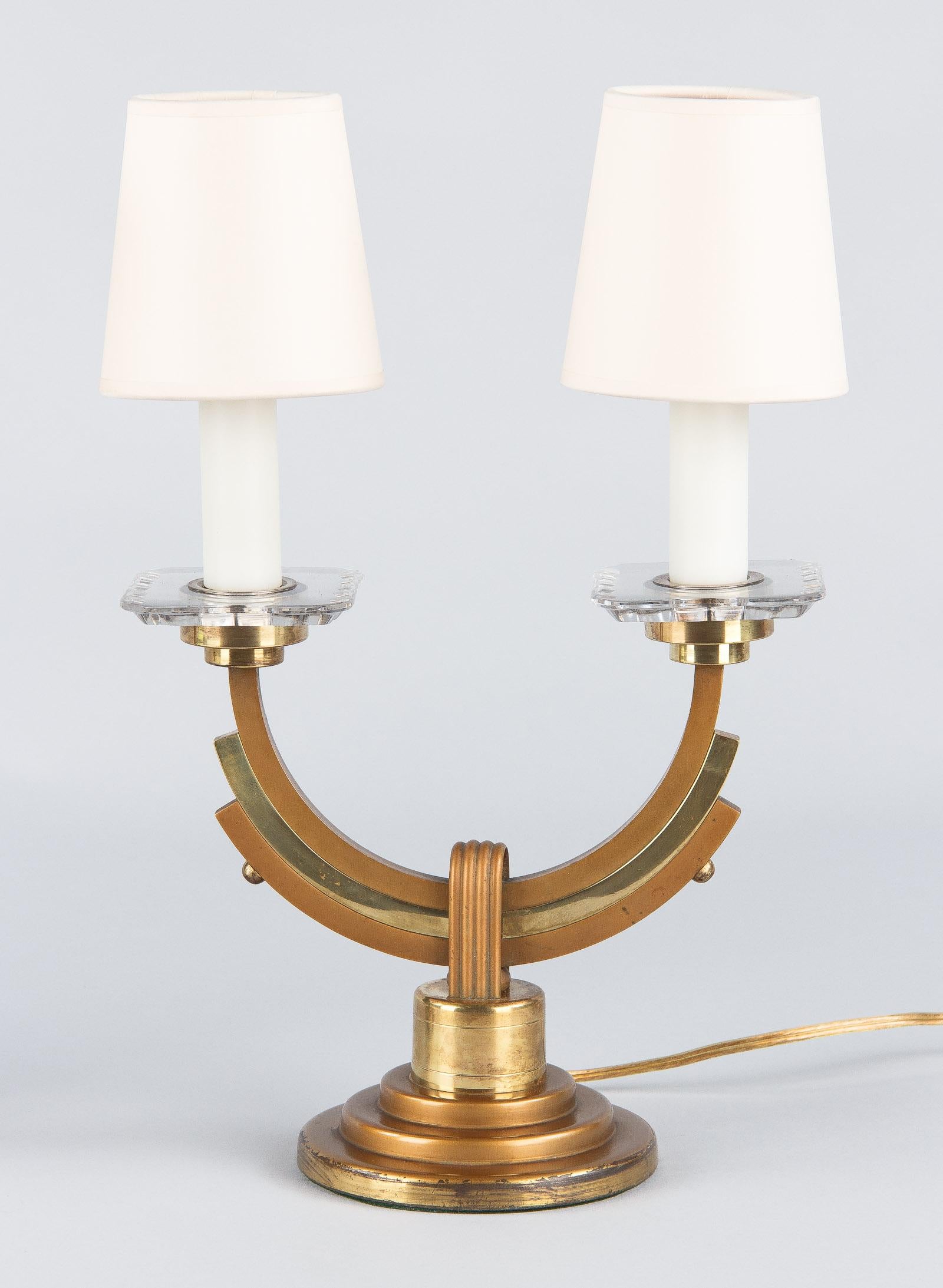 Etched Pair of French Art Deco Brass and Copper Lamps, 1930s