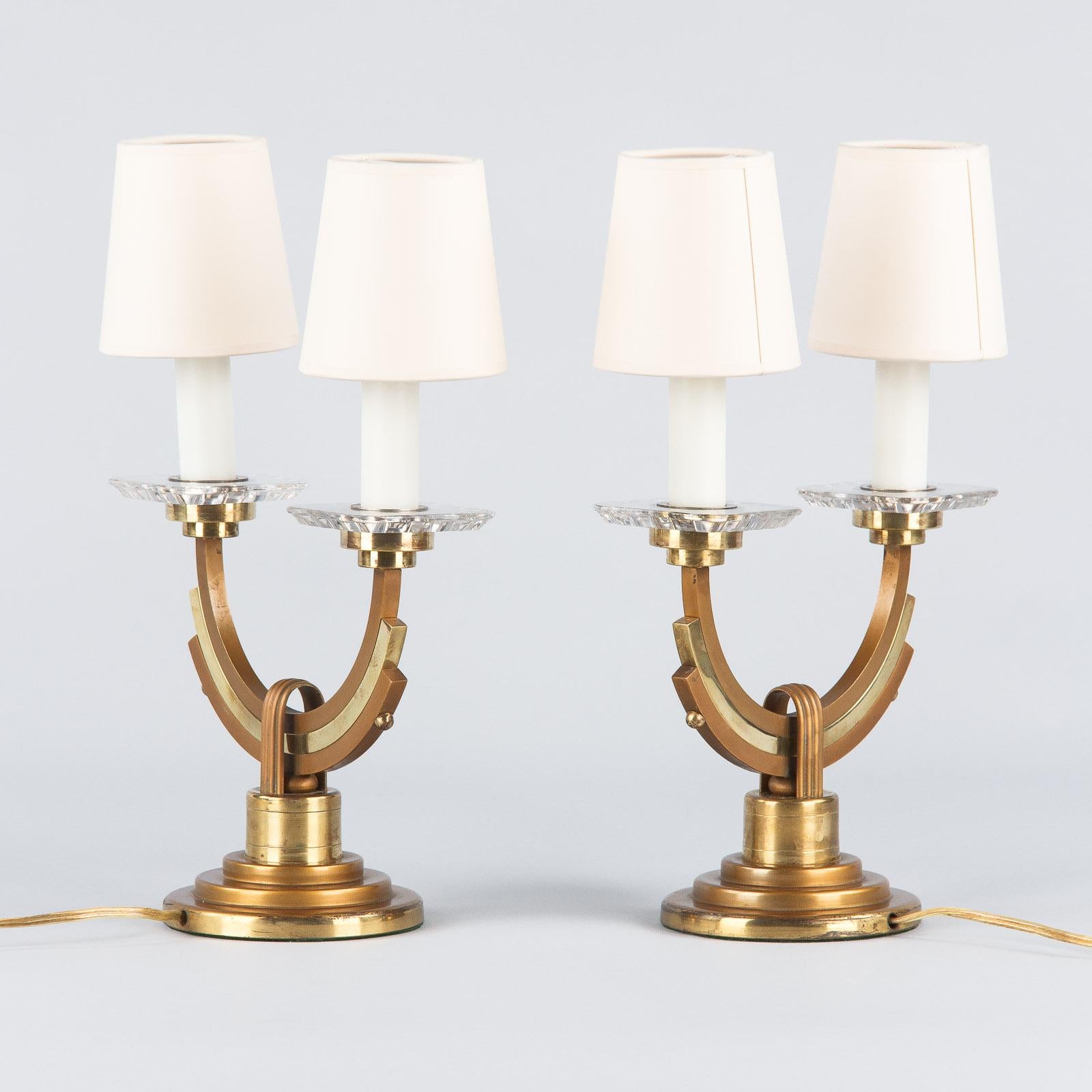 Pair of French Art Deco Brass and Copper Lamps, 1930s In Good Condition In Austin, TX