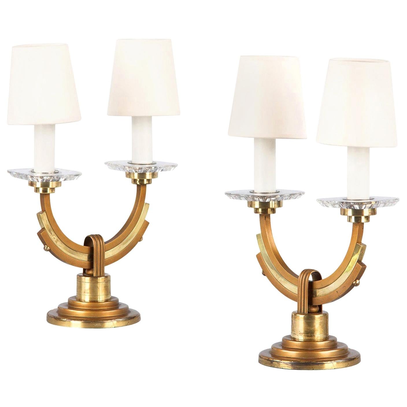 Pair of French Art Deco Brass and Copper Lamps, 1930s