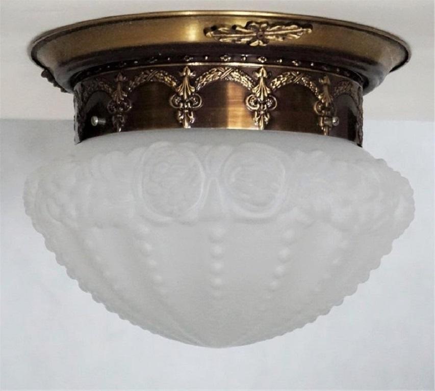 20th Century Set of two French Art Deco Brass Frosted Art Glass Flush Mounts, Ceiling Lights