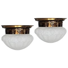 Set of two French Art Deco Brass Frosted Art Glass Flush Mounts, Ceiling Lights