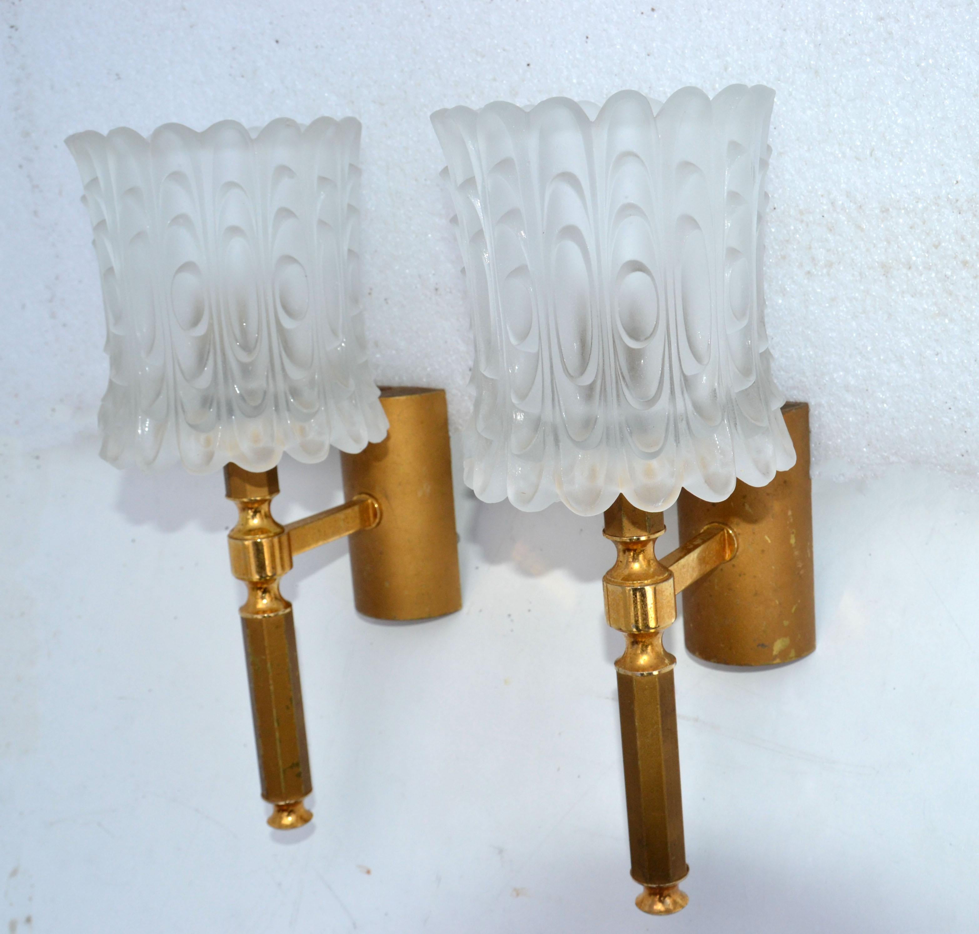 Pair of French Art Deco Brass & Frosted Glass Sconces, Wall Lights For Sale 11