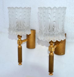 Pair of French Art Deco Brass & Frosted Glass Sconces, Wall Lights