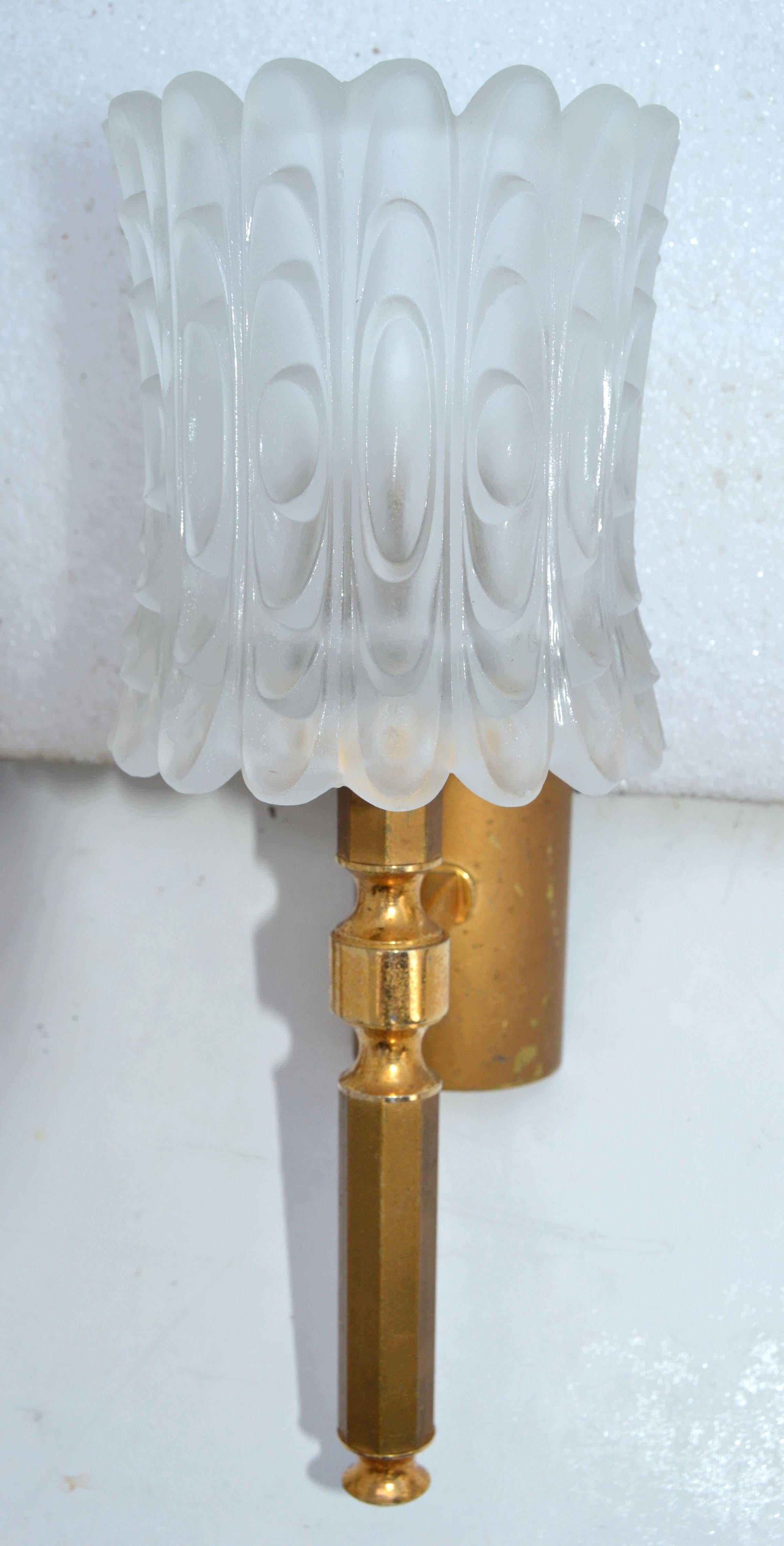 Pair of French Art Deco Brass & Frosted Glass Sconces, Wall Lights For Sale 4