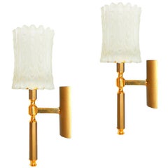 Paire d'Appliques Murales Art Déco Françaises en Laiton et Verre Dépoli