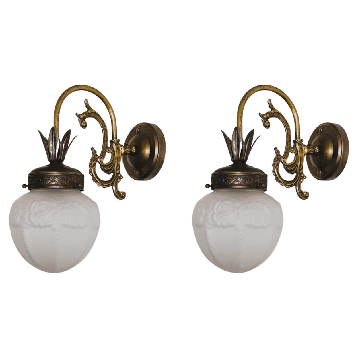 Pair of French Art Deco Brass Frosted Glass Wall Sconces, 1930s For Sale