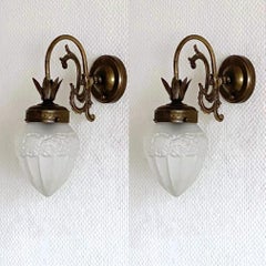 Pair of French Art Deco Brass Frosted Glass Wall Sconces, 1930s