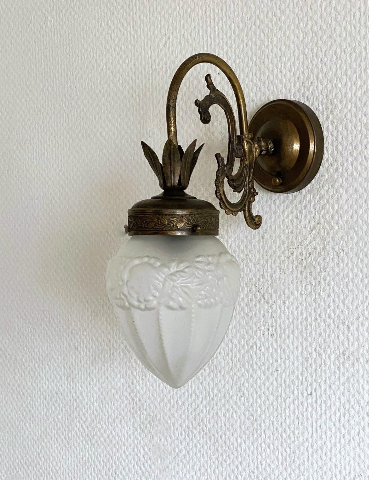 Bronzed Pair of French Art Deco Brass Frosted Glass Wall Sconces, 1930s For Sale