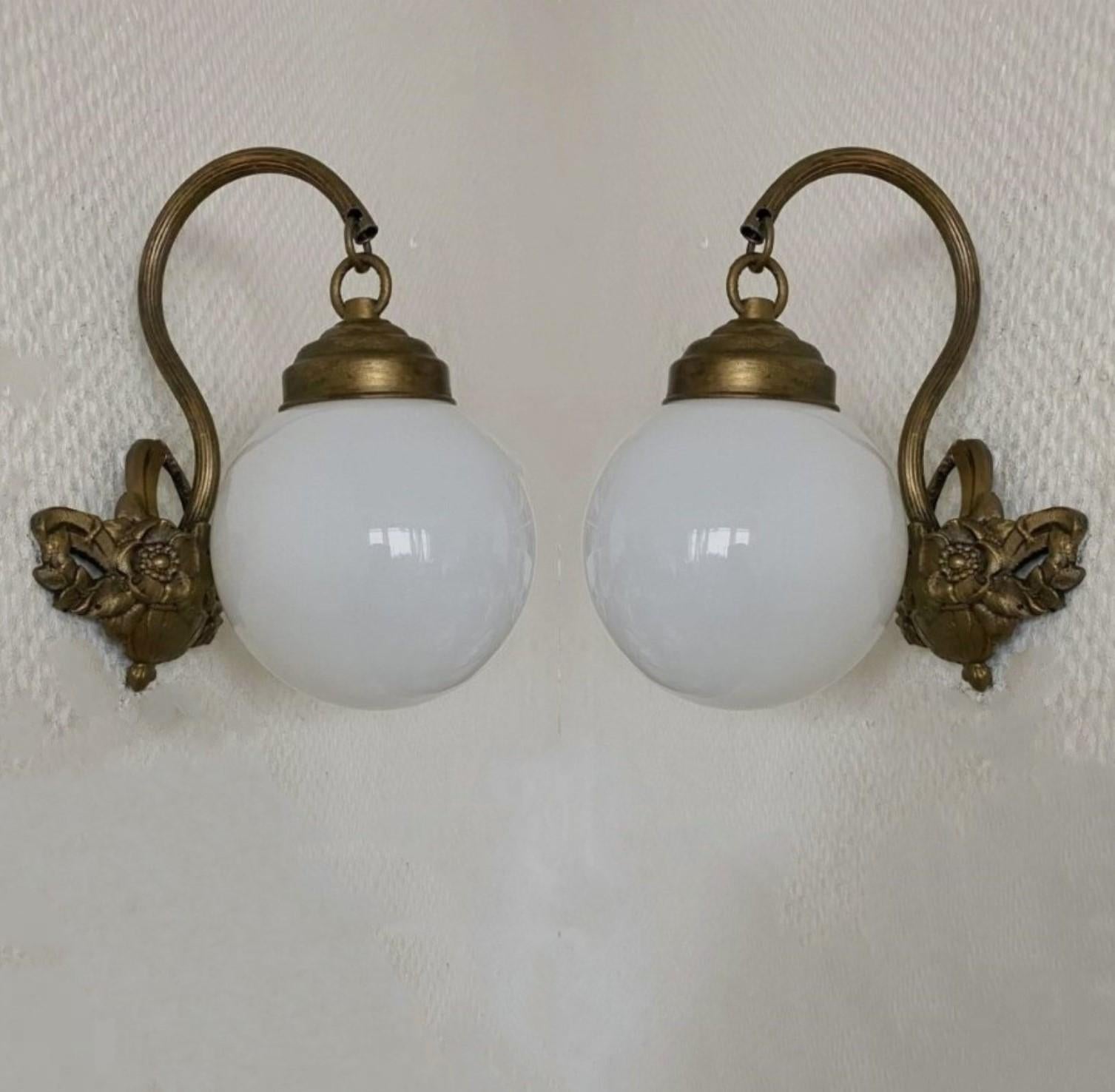 Bronzed Pair of French Art Deco Brass Opaline Glass Wall Sconces, 1930s