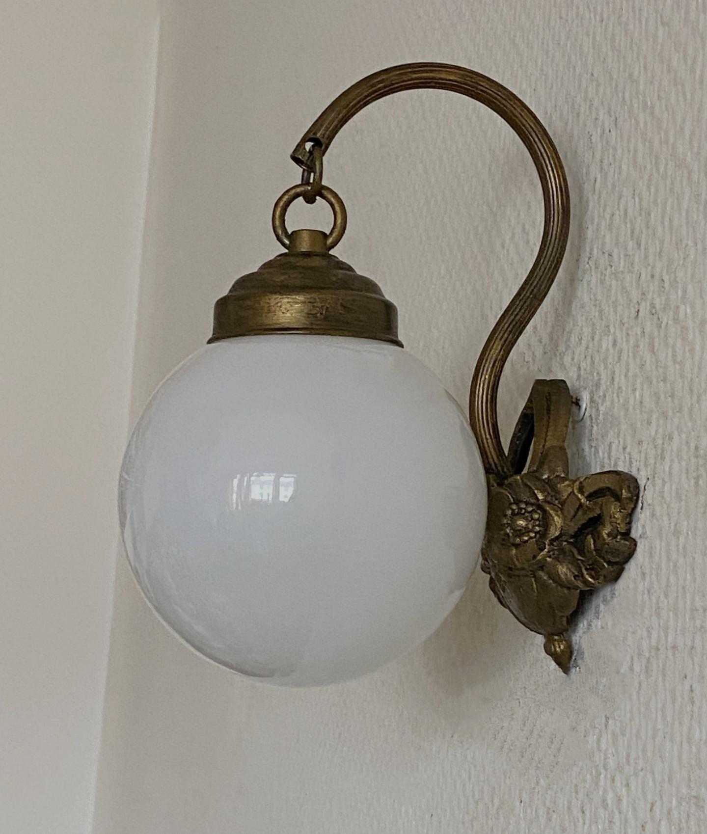 Mid-20th Century Pair of French Art Deco Brass Opaline Glass Wall Sconces, 1930s