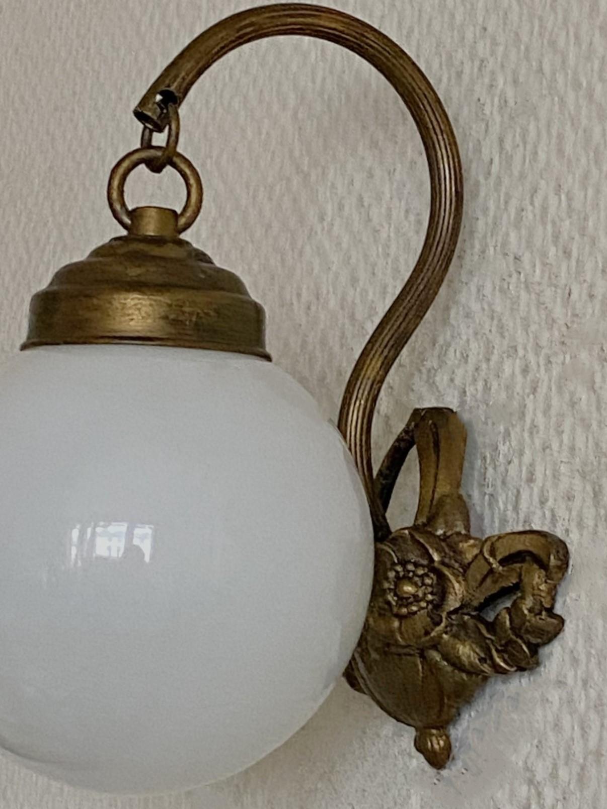 Pair of French Art Deco Brass Opaline Glass Wall Sconces, 1930s 1
