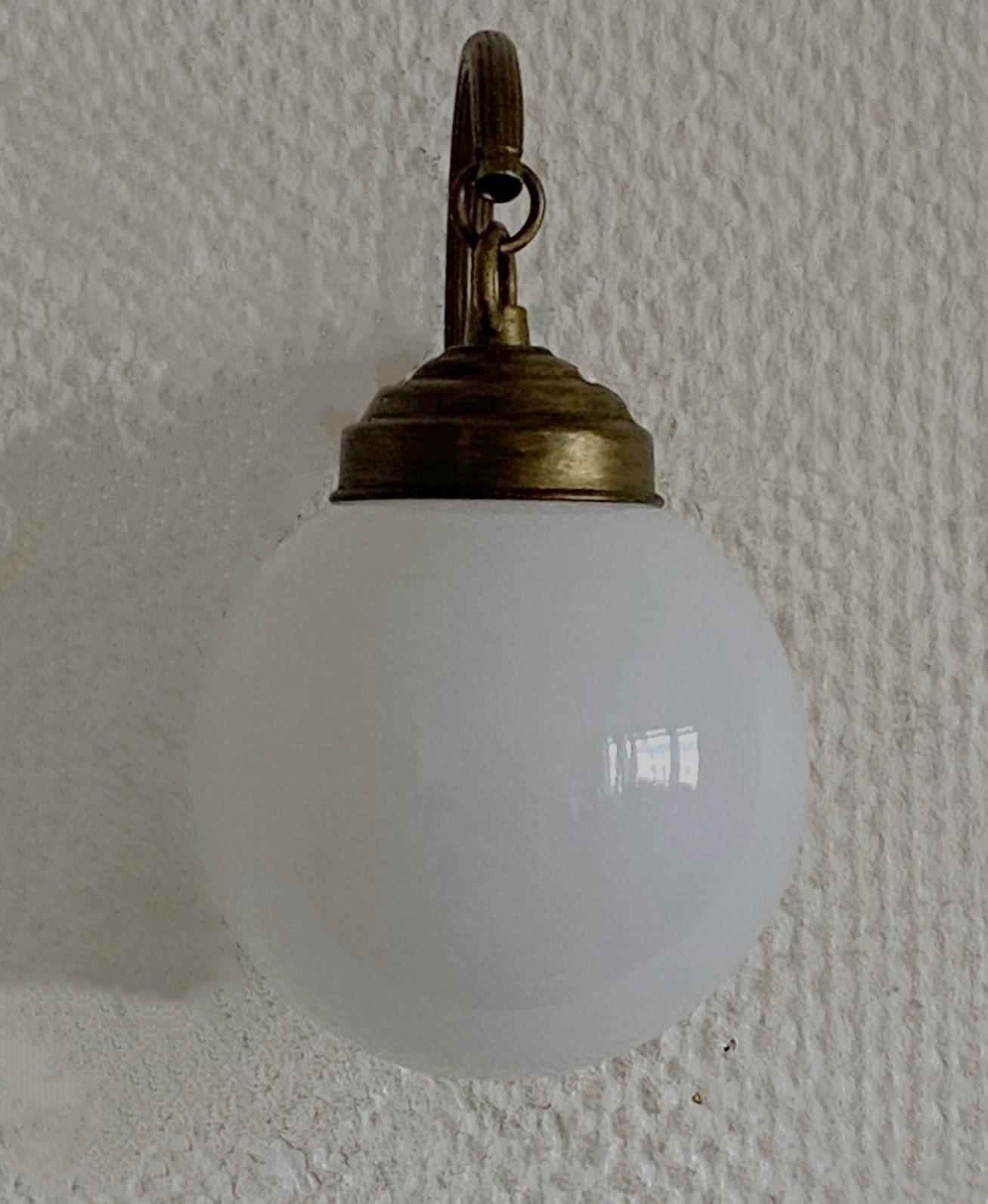 Pair of French Art Deco Brass Opaline Glass Wall Sconces, 1930s 2