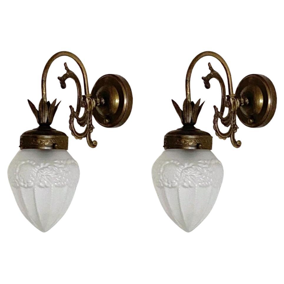 Pair of French Art Deco Brass Frosted Glass Wall Sconces, 1930s For Sale