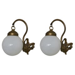 Pair of French Art Deco Brass Opaline Glass Wall Sconces, 1930s