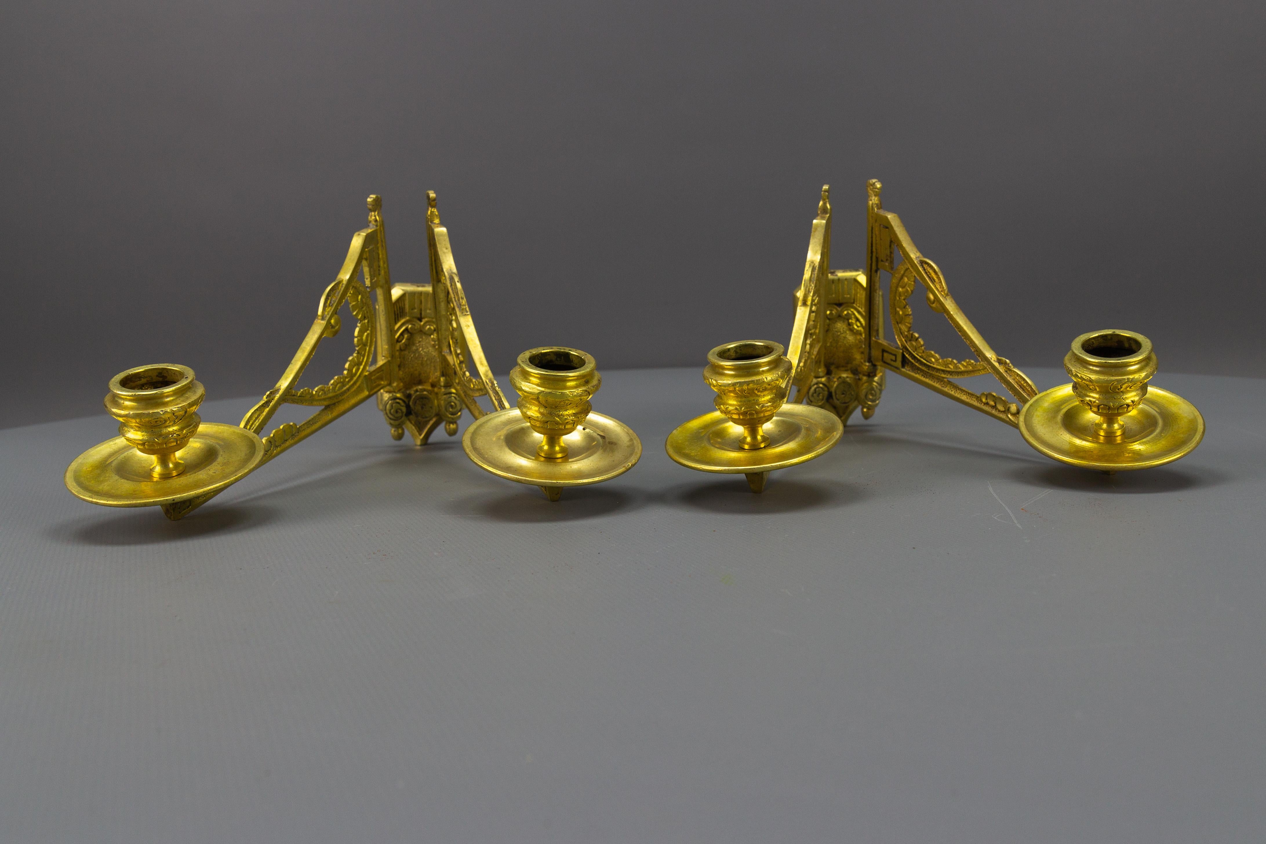 Pair of French Art Deco Brass Twin Arm Piano Candlestick Wall Lights by L. Pinet For Sale 12