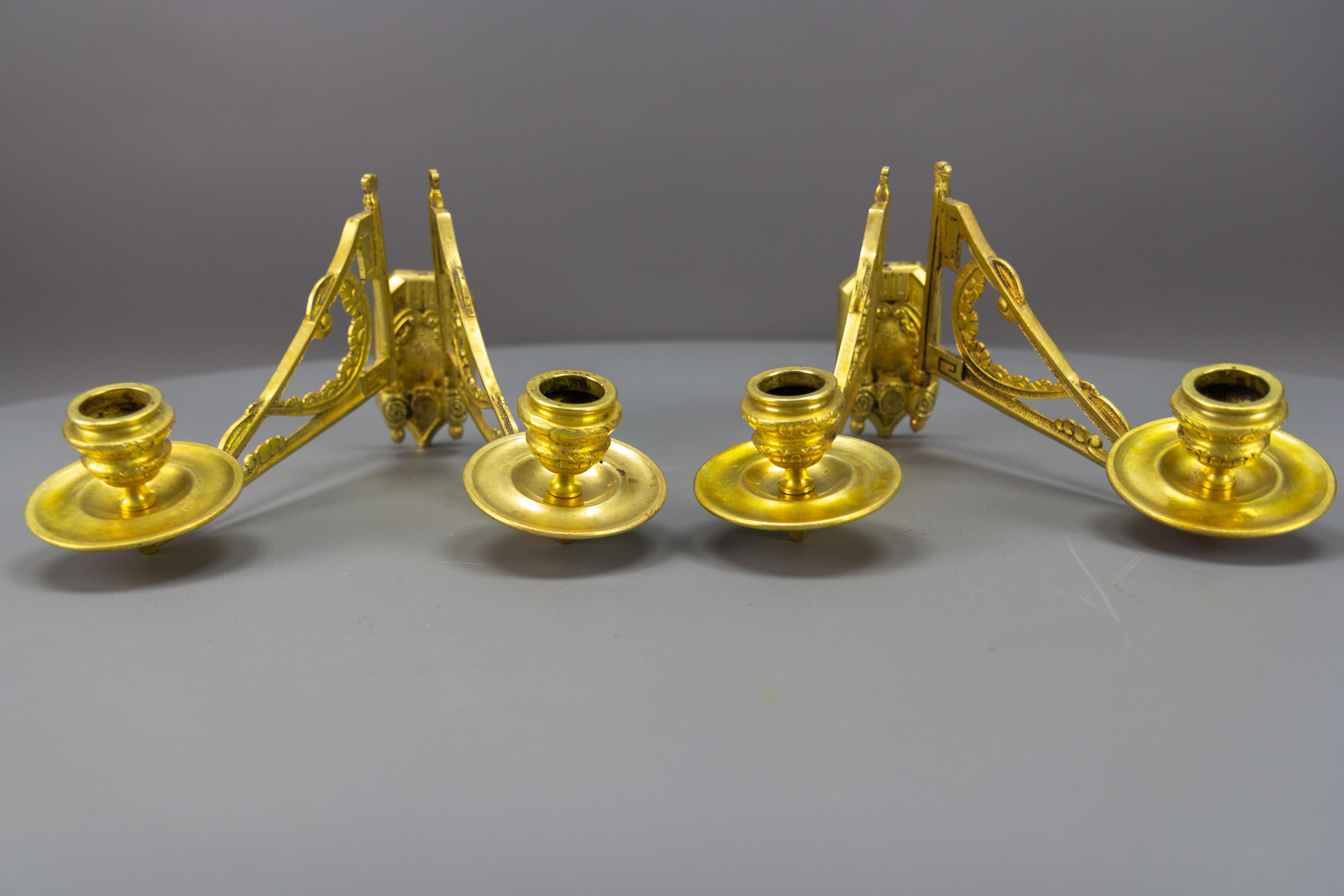 Pair of French Art Deco Brass Twin Arm Piano Candlestick Wall Lights by L. Pinet In Good Condition For Sale In Barntrup, DE