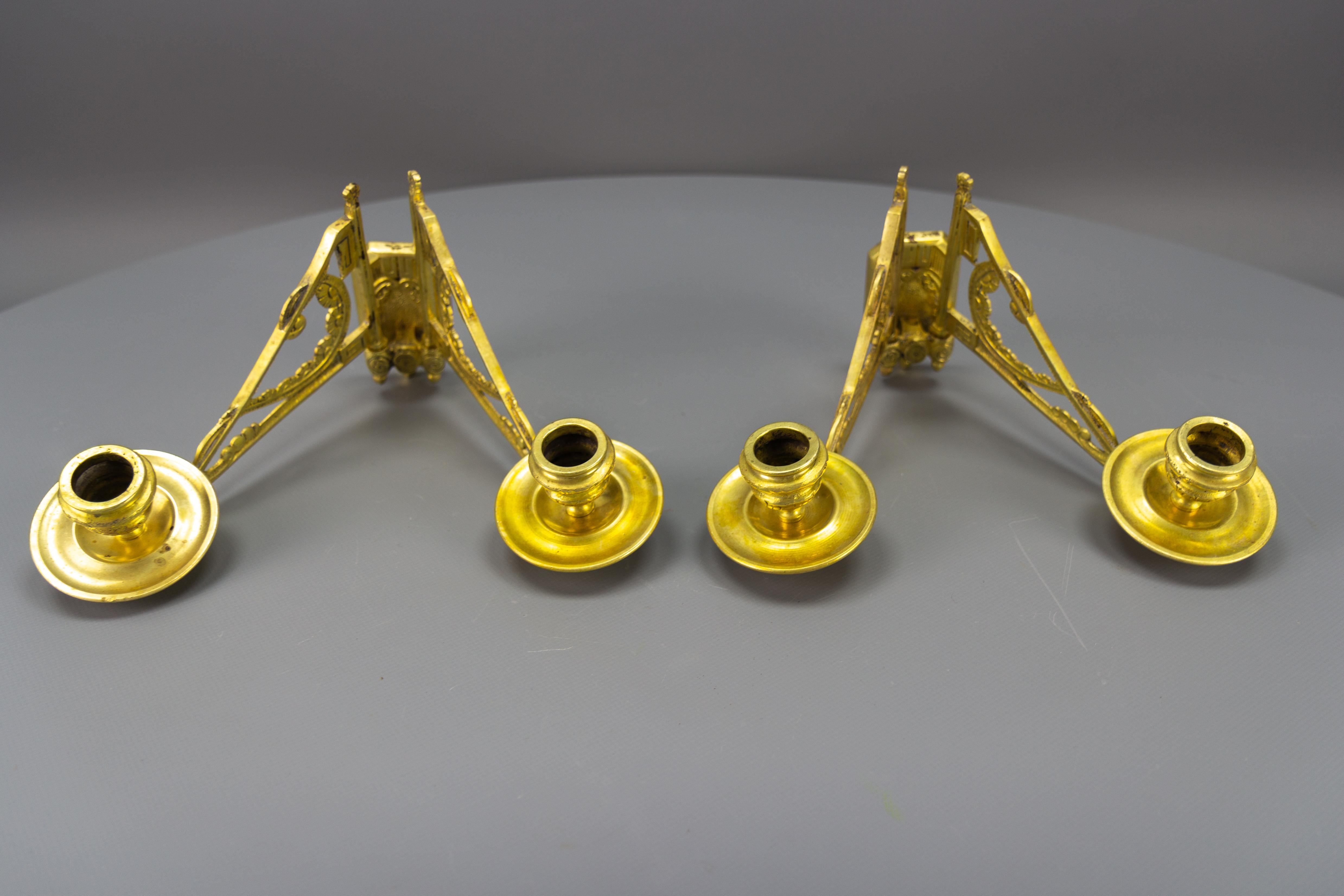 Pair of French Art Deco Brass Twin Arm Piano Candlestick Wall Lights by L. Pinet For Sale 1