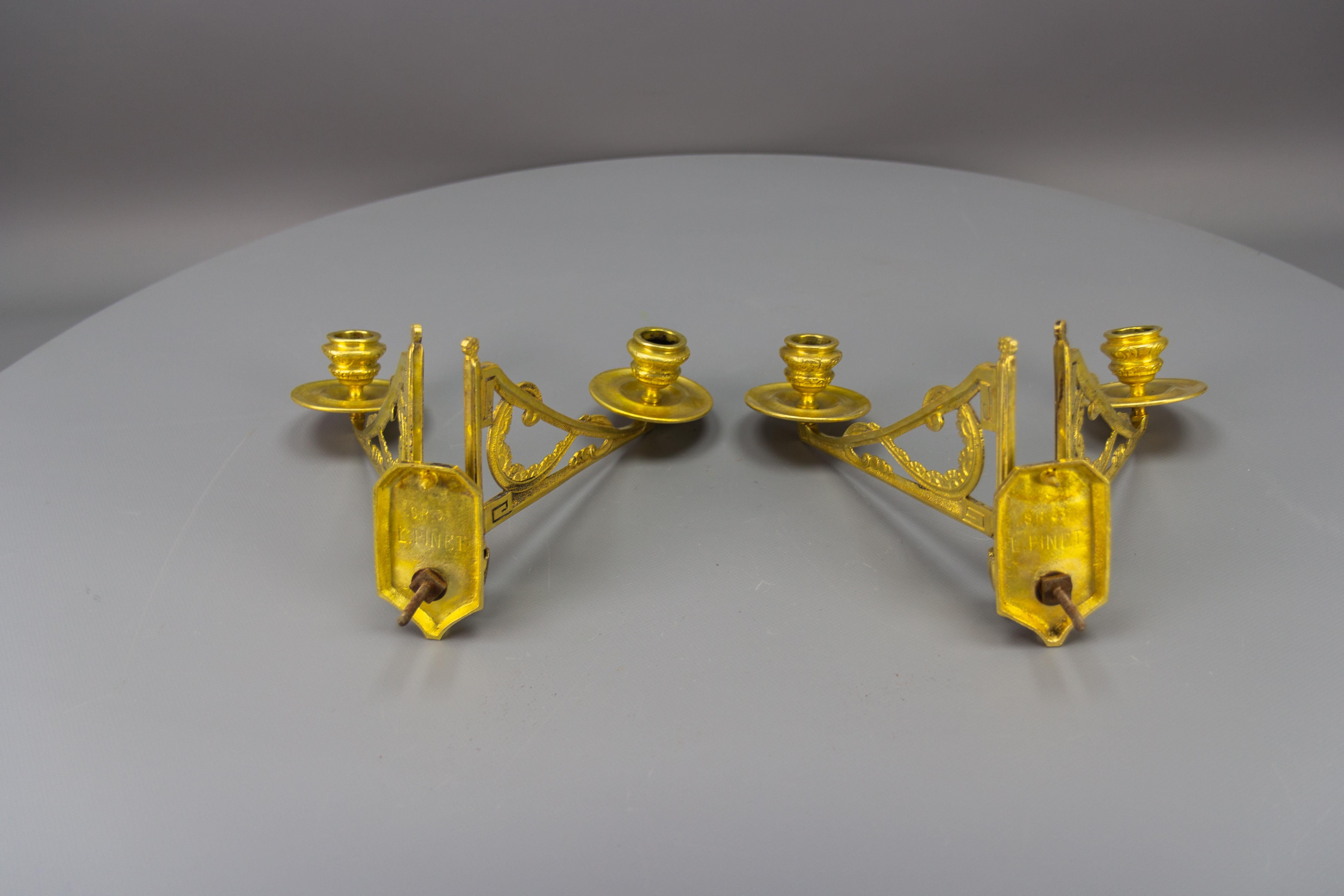 Pair of French Art Deco Brass Twin Arm Piano Candlestick Wall Lights by L. Pinet For Sale 3