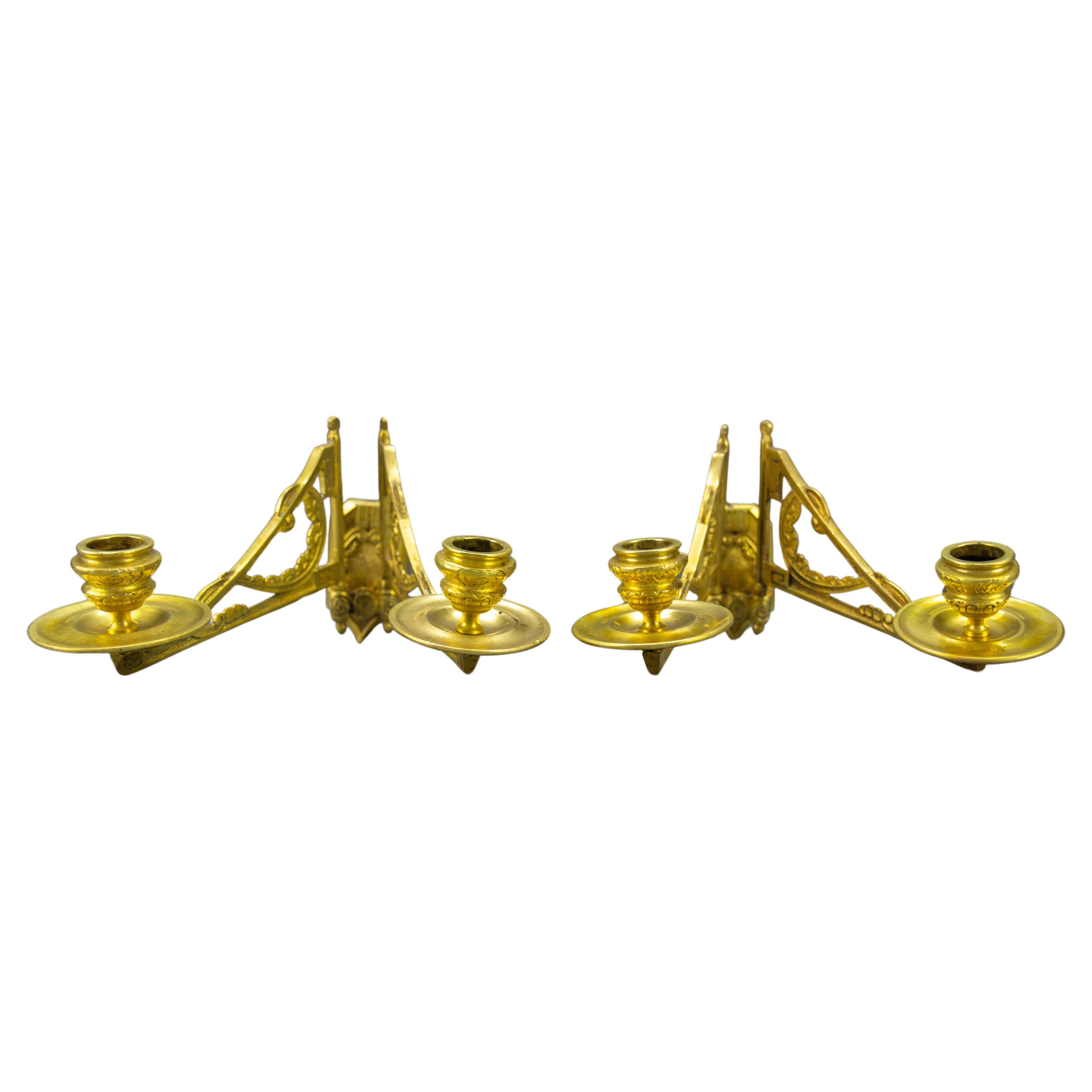 Pair of French Art Deco Brass Twin Arm Piano Candlestick Wall Lights by L. Pinet For Sale