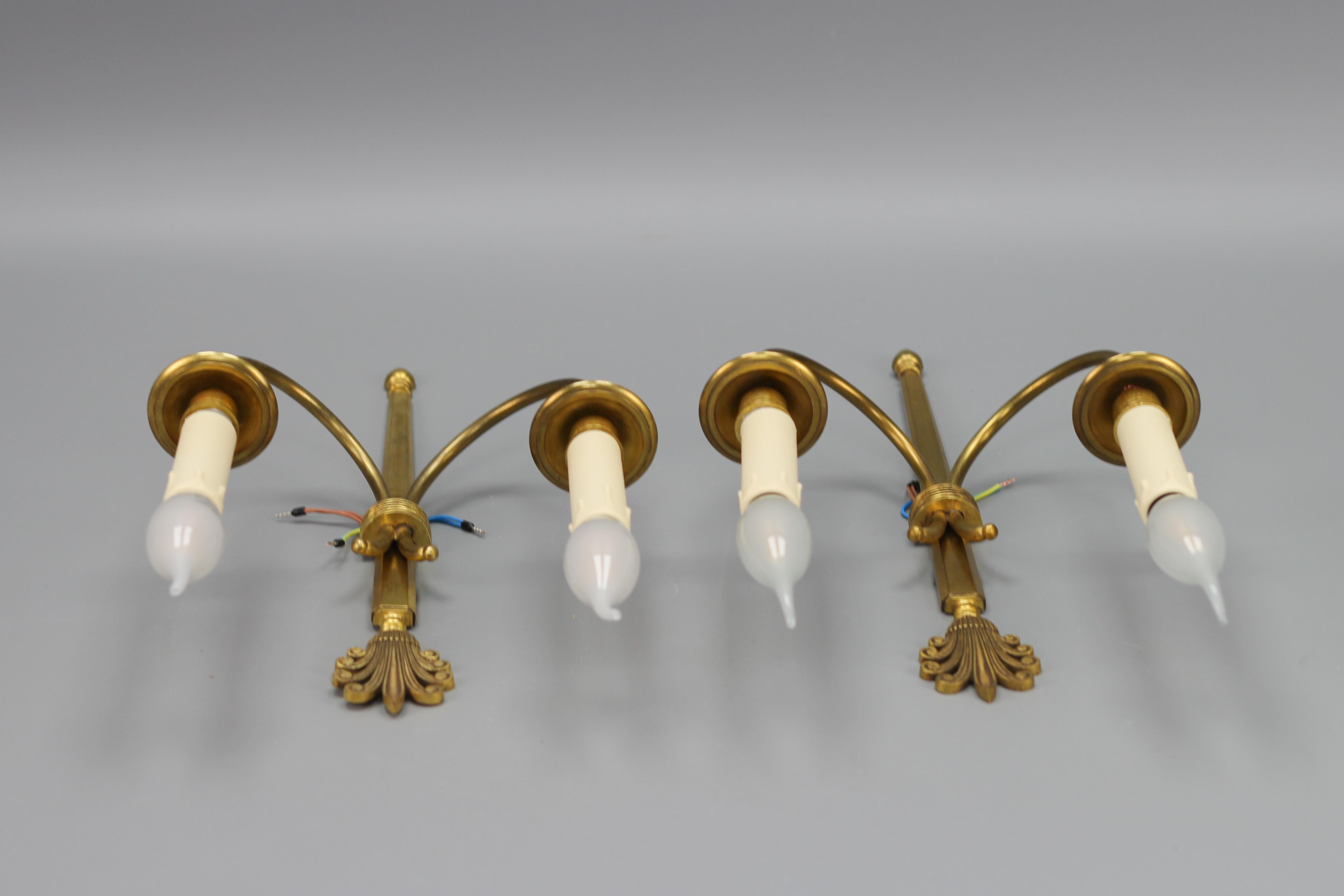Pair of French Art Deco Brass Twin Arm Sconces, ca 1930 For Sale 7