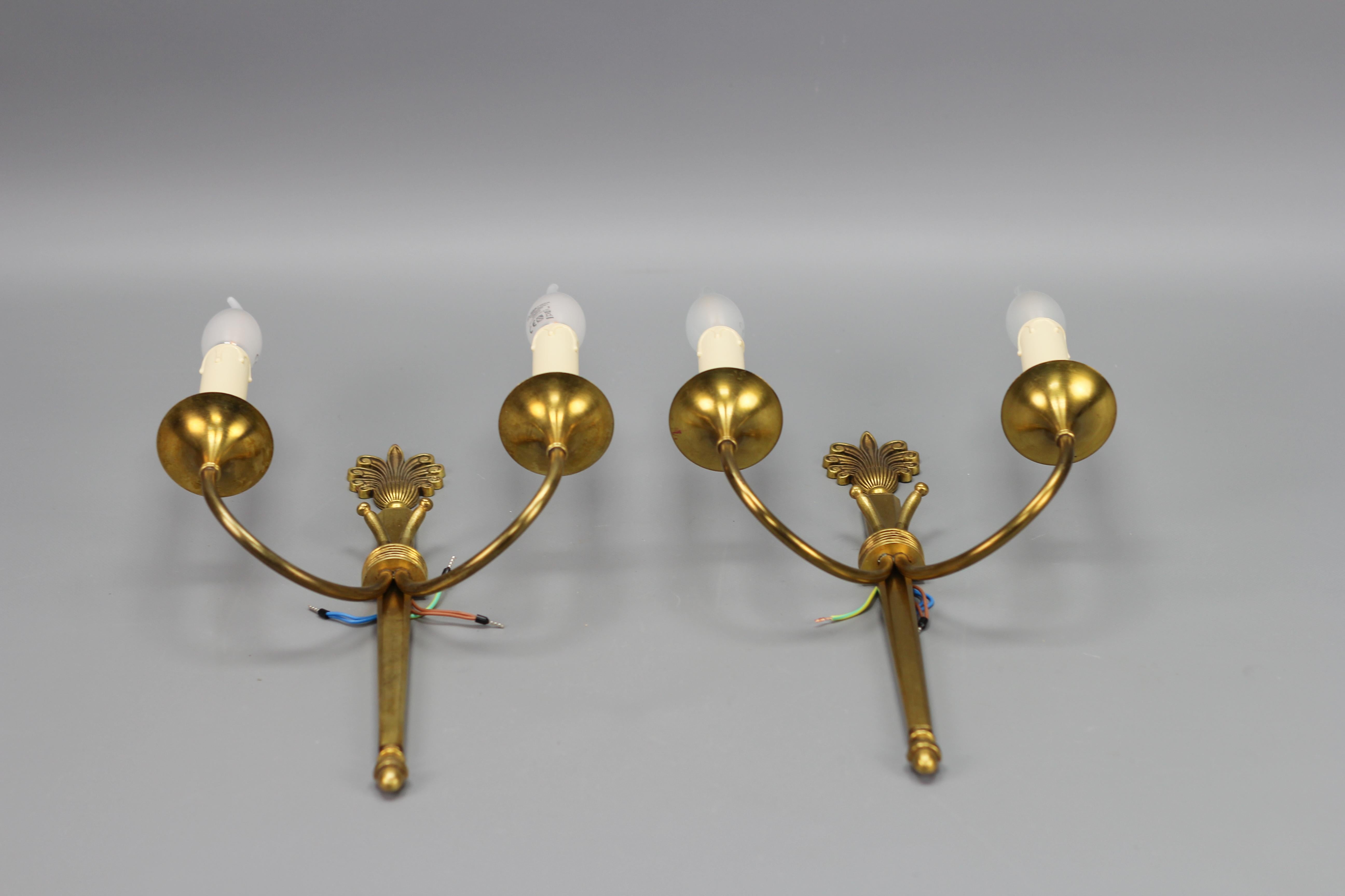 Pair of French Art Deco Brass Twin Arm Sconces, ca 1930 For Sale 9